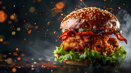 chicken burger on black background