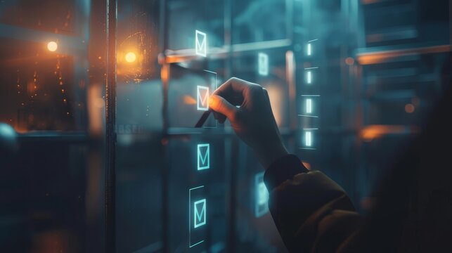 Digital Triumph Hand Marking Glowing Checklist in Dark Room Precision Focus and Completion Concept