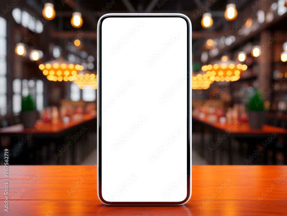 Poster smartphone mockup on a wooden table against a blurred cafe background, showcasing a clean and modern