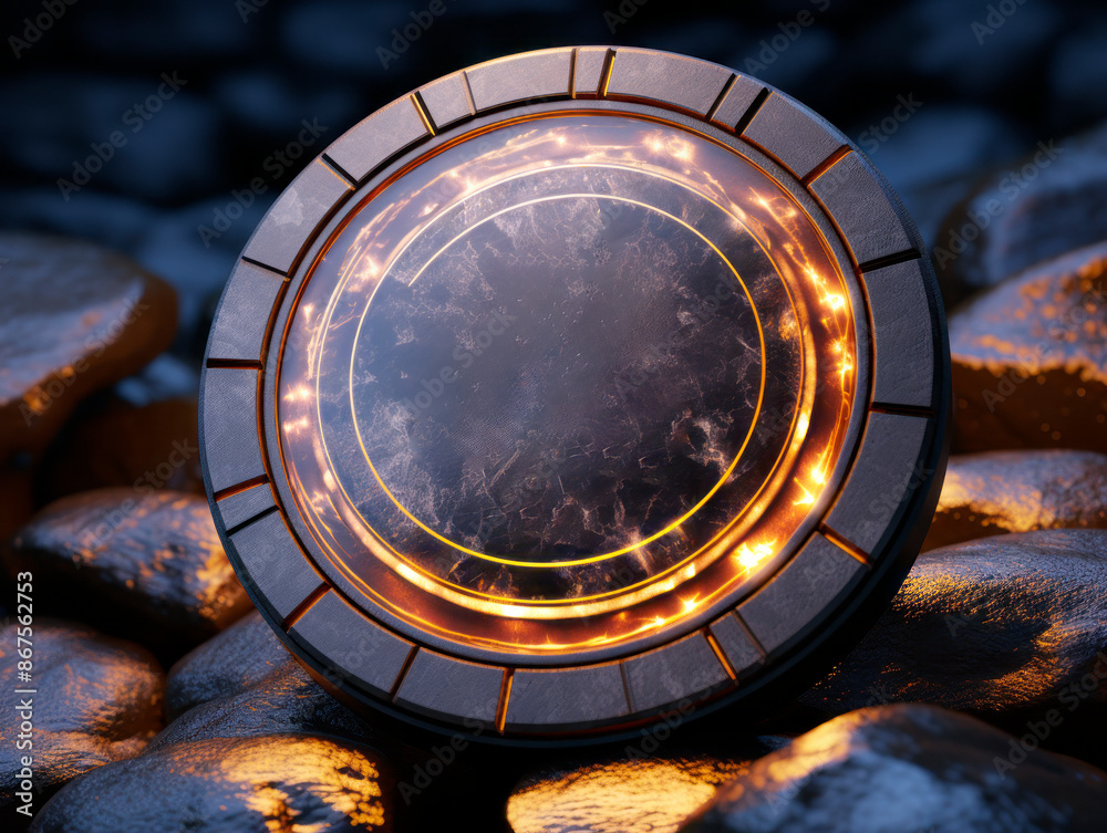 Poster an illuminated circular object with a marble texture rests on rocks, with a dark, mysterious backgro