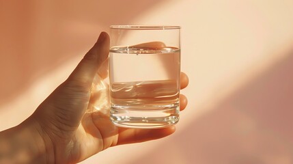 Taking medication with a glass of water, close-up, warm tone, ample copy space
