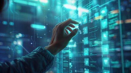 Productivity at Work Hand Checking Off Holographic Todo List in Modern Office Setting