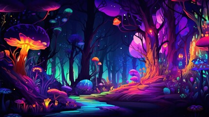 Fototapeta premium Enchanted Neon Forest. Glowing Mushrooms and Magical Pathway at Night