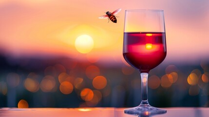 Fruit flies around a glass of wine, photorealistic, vibrant red, watercolor effect