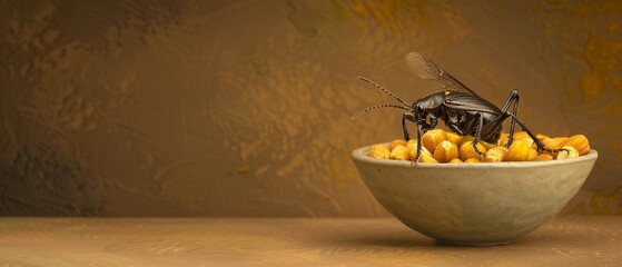 Stink bug on a bowl of nuts, high detail, earthy tones, watercolor effect