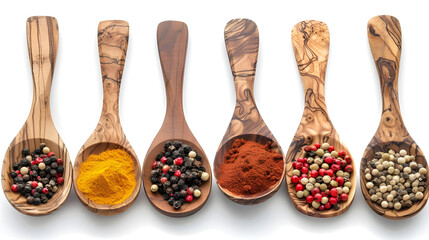 hot spices in wooden spoons in white background,