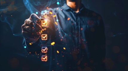 Digital Success Illuminated Checklist Marked by Hand in Professional Attire on Dark Background