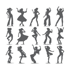 Silhouettes of three retro dancing woman, funk, soul and disco music - 60s, 70s style, Posing disco dancers isolated on white background. Hetero couple in party 1970s style clothing.