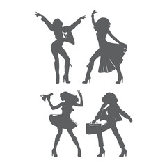 Silhouettes of three retro dancing woman, funk, soul and disco music - 60s, 70s style, Posing disco dancers isolated on white background. Hetero couple in party 1970s style clothing.