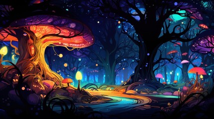 Fototapeta premium Magical Glowing Mushroom Forest at Night, Fantasy Landscape