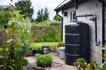 Domestic water storage tank collecting rainwater in a lush garden