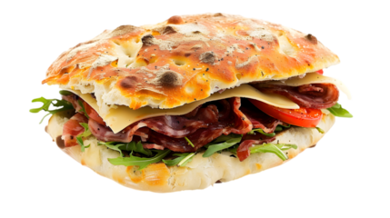  A delicious Italian focaccia sandwich overflowing with meats, cheese, and veggies, perfectly isolated on a transparent background 
