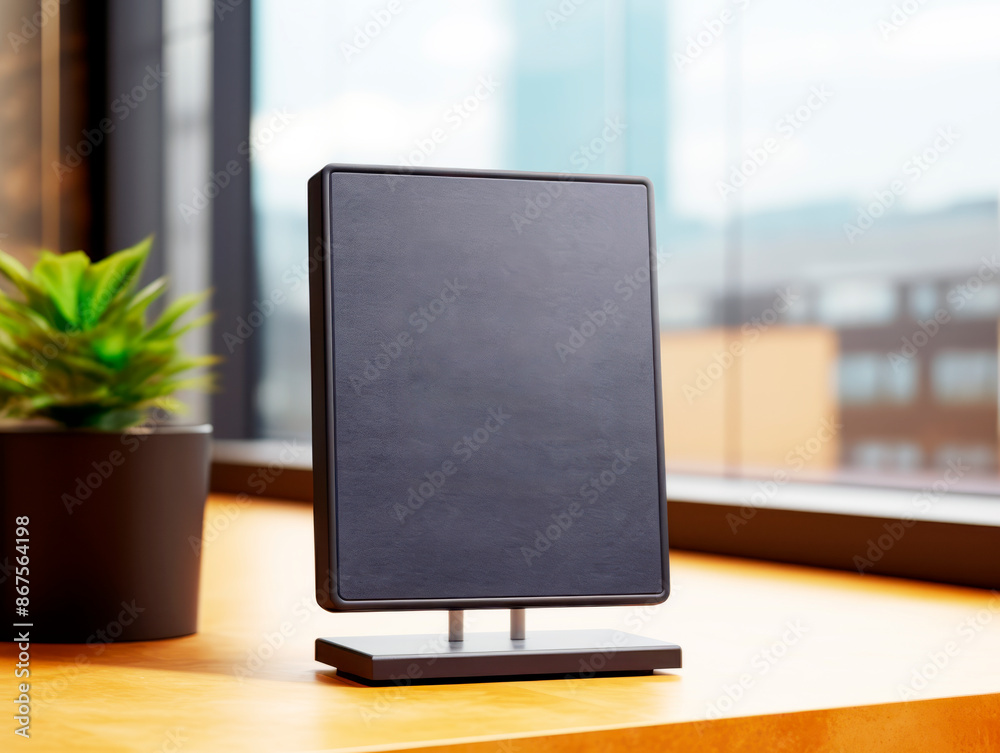 Poster an empty black tabletop sign mockup in an office with a plant, on a wooden surface near a window, co