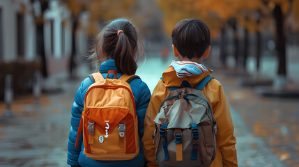 back view of a children entering in classroom and wear bag pack
