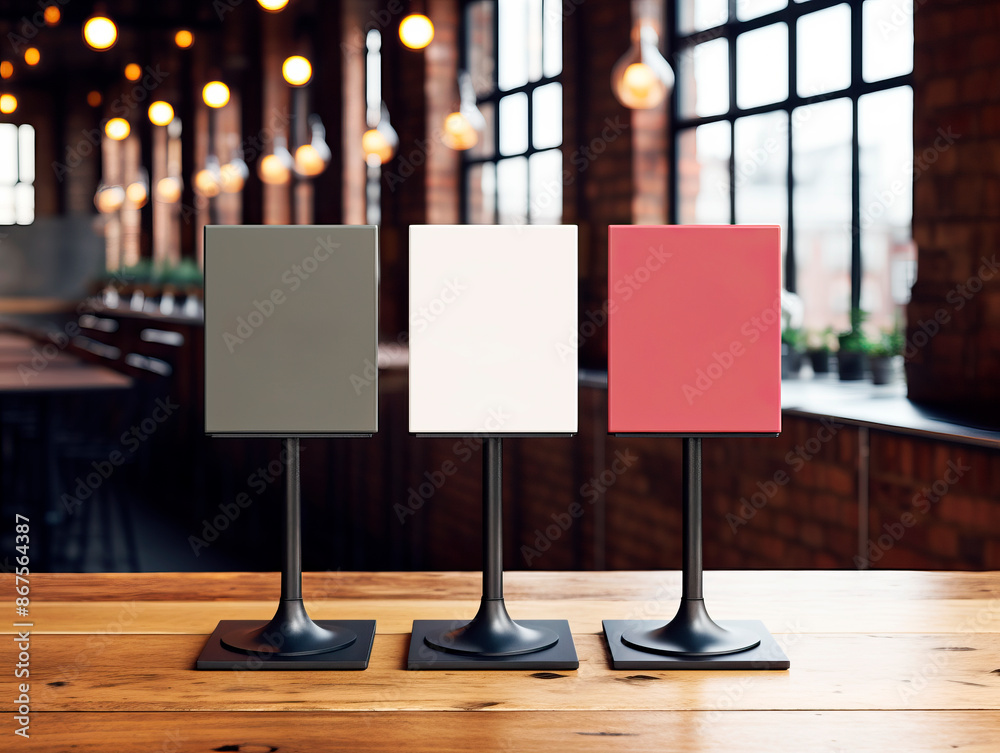 Poster three tabletop sign holders with blank displays on a wooden surface with a blurred restaurant backgr