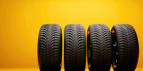 Four tires standing on a yellow background
