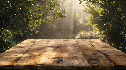 empty wooden table on nature outdoors in sunlight in gardenr