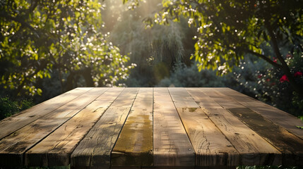 empty wooden table on nature outdoors in sunlight in gardenr