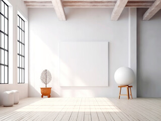 A spacious room with a blank white canvas on the wall, wooden floor, decor, and daylight, concept of a mockup. Generative AI