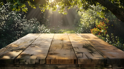 empty wooden table on nature outdoors in sunlight in gardenr