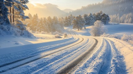Obraz premium Frosty Winter Road Winding Through Snowy Hills at Sunrise