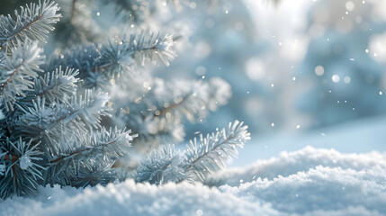 wonderful winter background image of frosted spruce branches and small drifts of pure snow and space for text