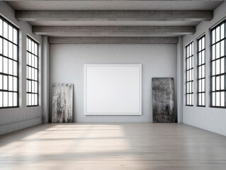 Obraz premium An empty room with two grungy paintings and a blank canvas, ideal for a mockup, on a plain background. Generative AI