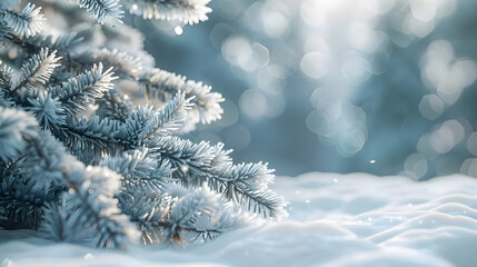 wonderful winter background image of frosted spruce branches and small drifts of pure snow and space for text