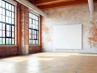 Empty white horizontal canvas on a distressed brick wall in a bright loft interior, concept of mockup. Generative AI