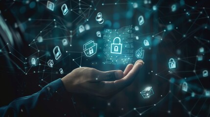 Obraz premium Digital Security Professional Hand Presenting Luminous Document Icon with Tech Symbols Floating Dark Futuristic Map Background Secure Data Management and Global Solutions Concept