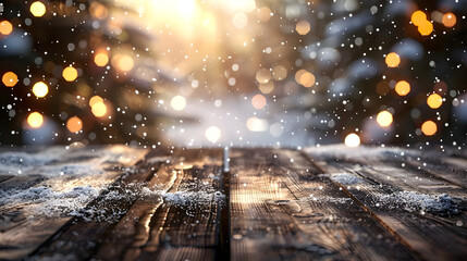 wooden planks with snow cap on light blurred background with Christmas lights and snow falling