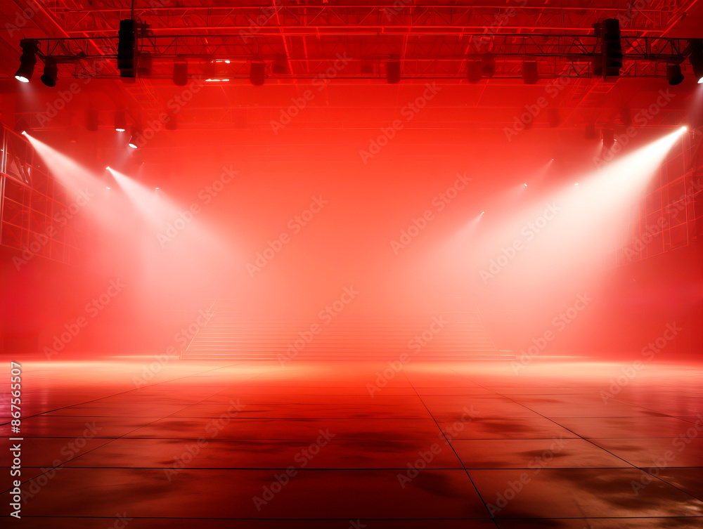 Poster an empty stage illuminated by bright stage lights with a smoky atmosphere, creative concept on a dar