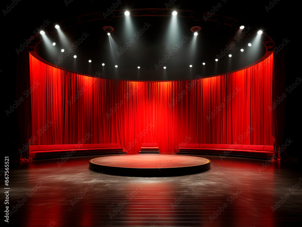 Poster an empty stage with red curtains, spotlight illumination, a wooden floor, and a dark background, emb