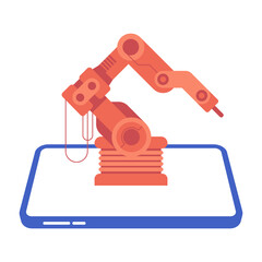 Robot arm in industrial automation technology logo design. Smart industrial revolution 4.0 in factory process, Isolated flat illustration. High Tech Industrial vector infographic