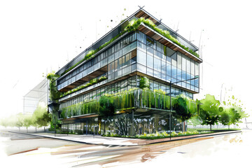 Modern green office building project hand drawing watercolor painting