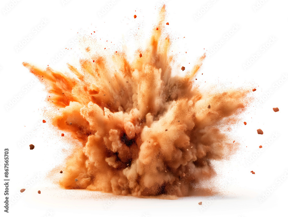 Poster a dynamic explosion of dust and debris, white background, concept of impact or destruction. generati