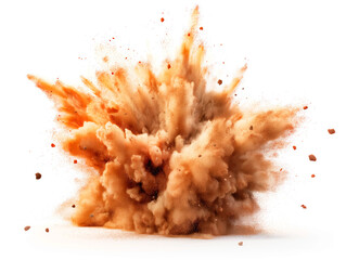 A dynamic explosion of dust and debris, white background, concept of impact or destruction. Generative AI