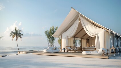 Luxury tent glamping on sandy beach with ocean view