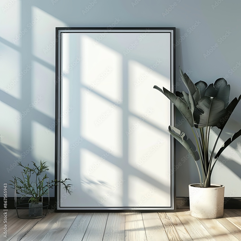 Canvas Prints This scene displays a modern room with a large empty picture frame, sunlit wall, potted plants creating an abstract, best-seller wallpaper, and background