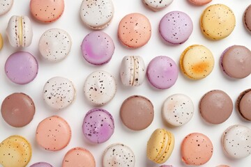 Obraz premium Colorful Macaron Cookies with Black Specks on White Background