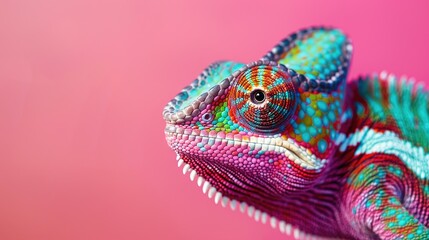 Obraz premium Close up of vibrant exotic chameleon on pink background