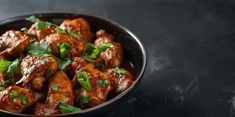 Fototapeta premium Indulge in the delicious flavors of Pakistani chicken karahi, a traditional spicy gourmet delight. Concept Pakistani Cuisine, Chicken Karahi, Spicy Gourmet, Traditional Dish, Flavorful Delight