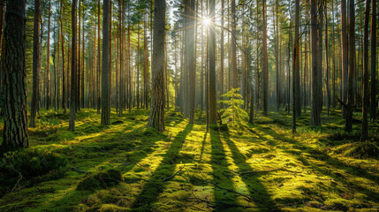 Fototapeta premium Sunlight filtering through trees, illuminating the grassy ground