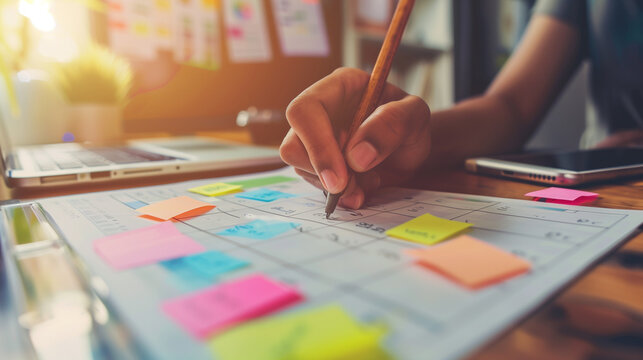 Person organizing schedule with sticky notes on a calendar