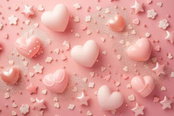 Pink Heart Confetti: Soft Pastel Hearts with Glittery Stars on a Pink Background