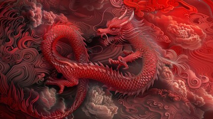 Vivid Red Dragon Amidst Swirling Clouds