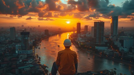 A construction worker sits atop a high structure, taking in the panoramic view of the city’s skyline against the backdrop of a stunning sunset.