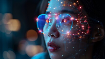 A side profile of a woman with vibrant computer-generated projections on her face against a dark background, illustrating concepts of modern technology and digital identity.