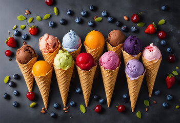 Vibrant scoops of ice cream in waffle cones, surrounded by fresh berries and almonds on a dark background