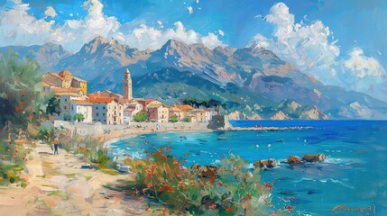 Small Mediterranean Town with Mountain Backdrop in Beautiful Summer Weather - Oil Painting